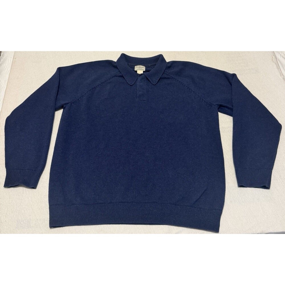 LL Bean Rugby Polo Sweater Men’s Size XL Blue Cotton Cashmere Collared Knit